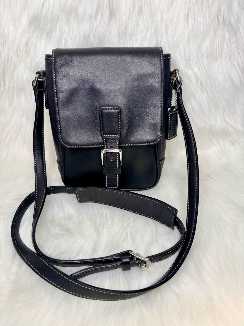 Black Coach 7775 Leather Crossbody Messenger Bag with Buckle Detail